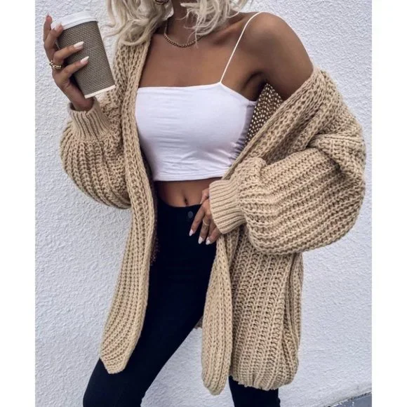 Chunky Knit Open front comfy cozy sweater Cardigan khaki - Picture 4 of 14